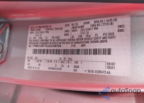 2018 Ford Escape S из США, поврежденный, VIN 1FMCU0F76JUC49754